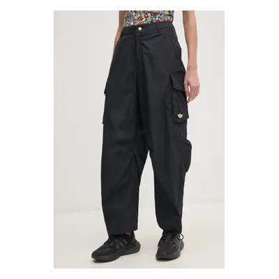 Kalhoty adidas Originals CARGO PANTS dámské, černá barva, kapsáče, high waist, JI5727