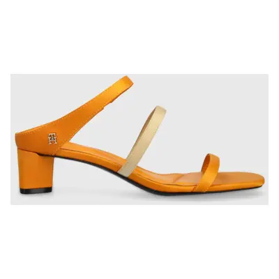 Pantofle Tommy Hilfiger TH STRAP SATIN MID HEEL dámské, žlutá barva, na podpatku, FW0FW07899