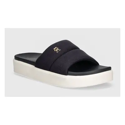 Pantofle Tommy Hilfiger PLATFORM POOL SLIDE dámské, tmavomodrá barva, na platformě, FW0FW08218