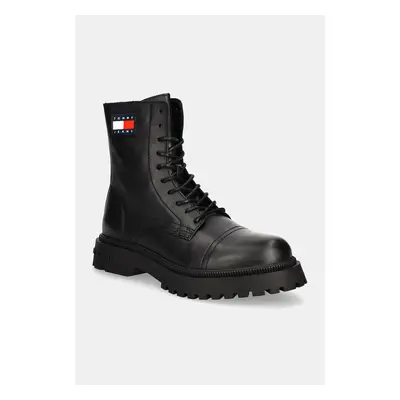 Kožené boty Tommy Jeans TJM LACE UP MID BOOT SMOOTH pánské, černá barva, EM0EM01471