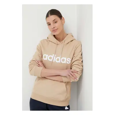 Bavlněná mikina adidas dámská, béžová barva, s kapucí, s potiskem, IS2083