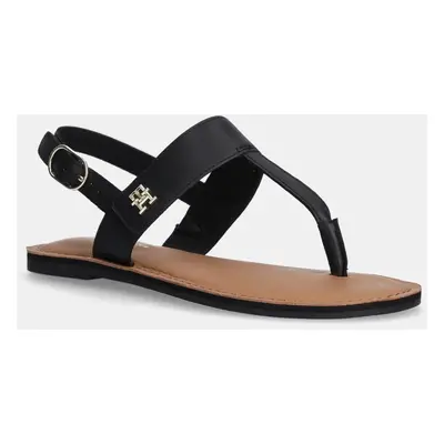 Kožené sandály Tommy Hilfiger LEATHER THONG SANDAL dámské, černá barva, FW0FW08505