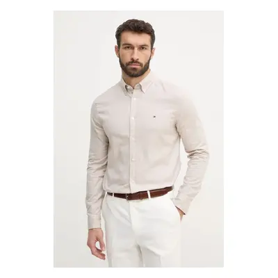 Košile s příměsí lnu Tommy Hilfiger béžová barva, regular, s límečkem button-down, MW0MW37574