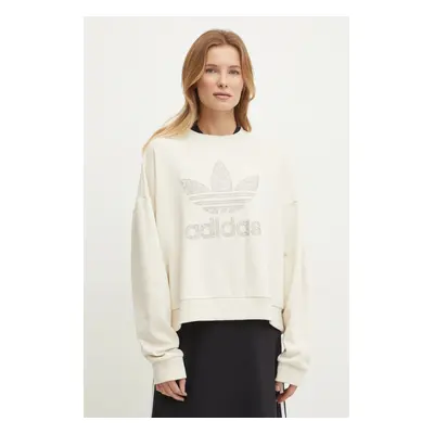 Bavlněná mikina adidas Originals SNAKE CREW dámská, béžová barva, s potiskem, JC8329