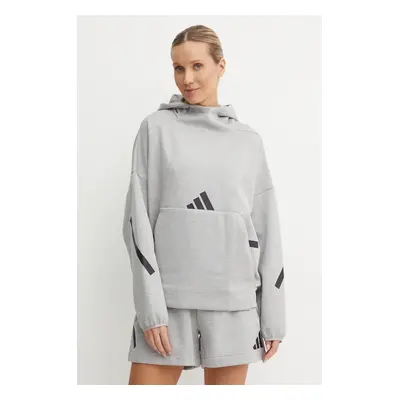 Mikina adidas ZNE dámská, šedá barva, s kapucí, s potiskem, JD9592