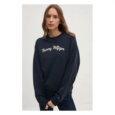 Bavlněná mikina Tommy Hilfiger dámská, tmavomodrá barva, s aplikací, WW0WW42615