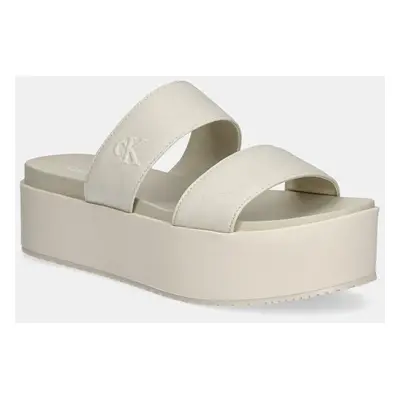 Pantofle Calvin Klein Jeans FLATFORM SANDAL WEBBING IN dámské, béžová barva, na platformě, YW0YW