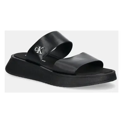 Pantofle Calvin Klein Jeans SANDAL SLIDE DOUBLE STRAP dámské, černá barva, na platformě, YW0YW01