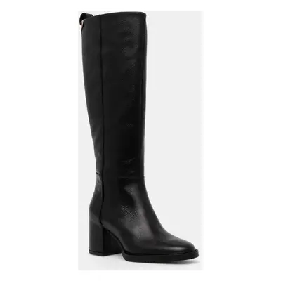 Kožené kozačky Tommy Hilfiger LONG BOOT MID WRAPPED LTHR HEEL dámské, černá barva, na podpatku, 