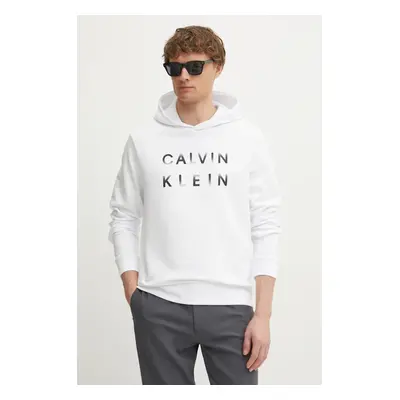 Bavlněná mikina Calvin Klein pánská, bílá barva, s kapucí, s potiskem, K10K114261