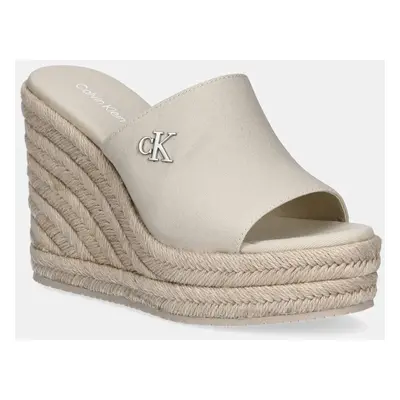 Pantofle Calvin Klein Jeans WEDGE ROPE SLIDE MG dámské, béžová barva, na klínku, YW0YW01699