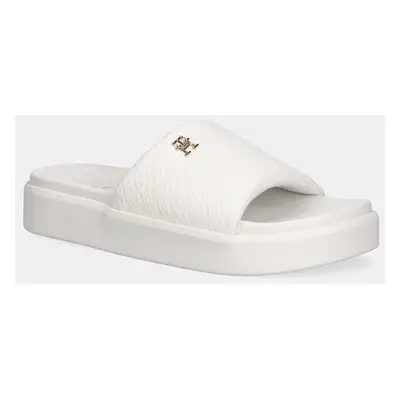 Pantofle Tommy Hilfiger PLATFORM MONOGRAM POOLSLIDE dámské, bílá barva, na platformě, FW0FW08526