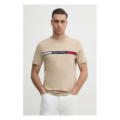 Bavlněné tričko Tommy Hilfiger béžová barva, s aplikací, MW0MW36498