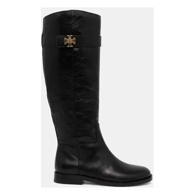 Kozačky Tory Burch T Lock Riding Boot dámské, černá barva, na plochém podpatku, 158799-006