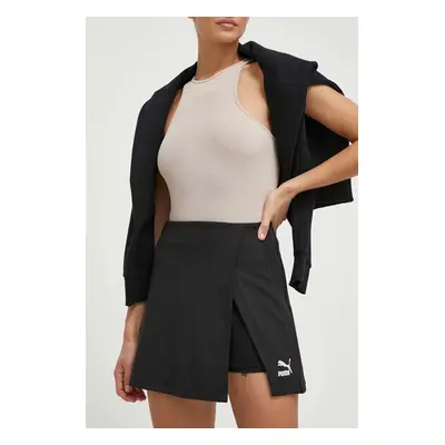 Kalhotová sukně Puma T7 černá barva, s aplikací, medium waist, 624542