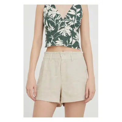 Plátěné kraťasy Hollister Co. béžová barva, hladké, high waist