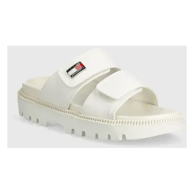 Pantofle Tommy Jeans TJW PUFFED SANDAL dámské, béžová barva, EN0EN02560