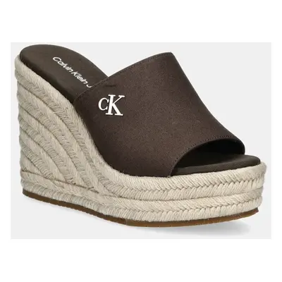 Pantofle Calvin Klein Jeans WEDGE ROPE SLIDE MG dámské, hnědá barva, na klínku, YW0YW01699