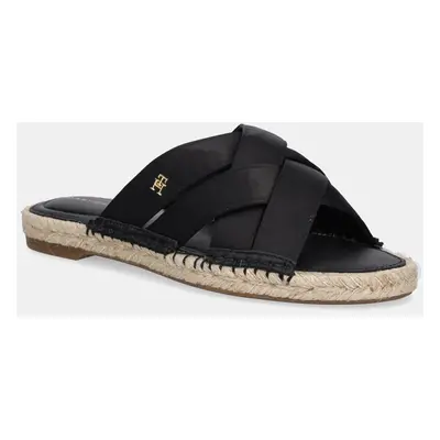 Pantofle Tommy Hilfiger SATIN ESPADRILLE MULE dámské, černá barva, FW0FW08502