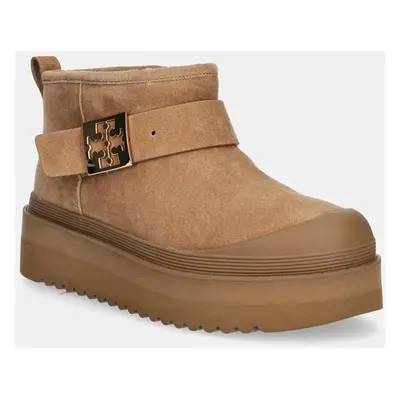 Semišové sněhule Tory Burch Mellow Shearling Platform Boot hnědá barva, 165421-200