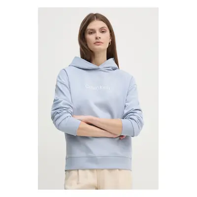 Bavlněná mikina Calvin Klein dámská, modrá barva, s kapucí, s potiskem, K20K205449