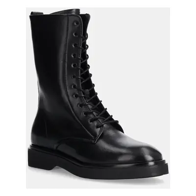 Kožené workery Calvin Klein FLAT MID LACE UP BOOT LTH dámské, černá barva, na plochém podpatku, 