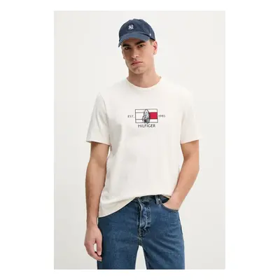 Bavlněné tričko Tommy Hilfiger béžová barva, s aplikací, MW0MW38628