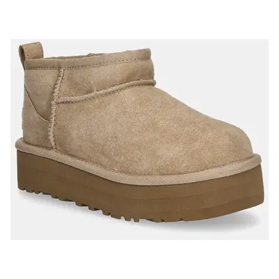 Dětské semišové sněhule UGG CLASSIC ULTRA MINI PLATFORM béžová barva