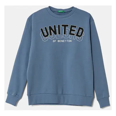 Dětská bavlněná mikina United Colors of Benetton modrá barva, s kapucí, s potiskem, 3J68C10N2