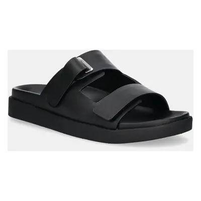 Kožené pantofle Calvin Klein FLAT ADJ SLIDE EYELET dámské, černá barva, HW0HW02489