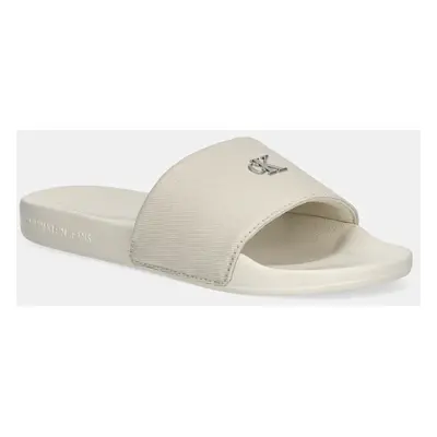 Pantofle Calvin Klein Jeans SLIDE MONOGRAM HARDWARE dámské, béžová barva, YW0YW01713