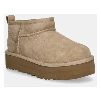 Dětské semišové sněhule UGG CLASSIC ULTRA MINI PLATFORM béžová barva