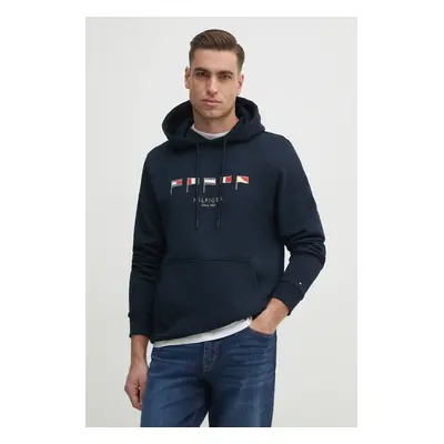 Bavlněná mikina Tommy Hilfiger pánská, tmavomodrá barva, s kapucí, s aplikací, MW0MW38666