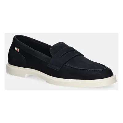 Nubukové mokasíny Tommy Hilfiger FLAG SOFT NUBUCK LOAFER tmavomodrá barva, na plochém podpatku, 