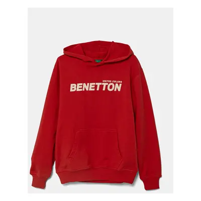 Dětská bavlněná mikina United Colors of Benetton červená barva, s kapucí, s potiskem, 3UNIC204R