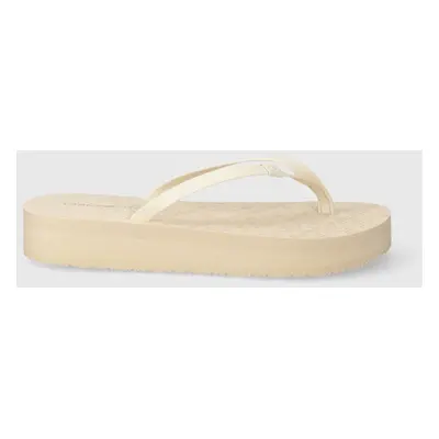 Žabky Tommy Hilfiger MONOGRAM BEACH SANDAL dámské, béžová barva, na plochém podpatku, FW0FW07854