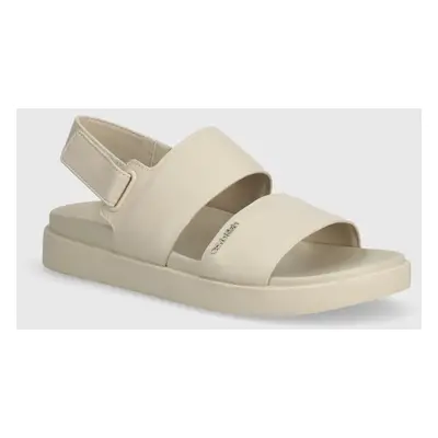 Kožené sandály Calvin Klein FLAT SANDAL CALVIN MTL LTH dámské, béžová barva, HW0HW01984