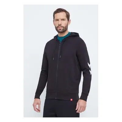 Bavlněná mikina Hummel hmlLEGACY ZIP HOODIE pánská, černá barva, s kapucí, s potiskem, 212566