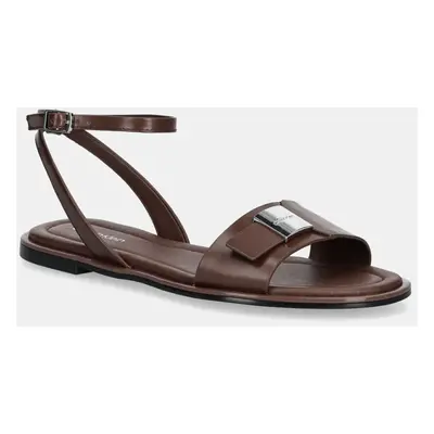 Kožené sandály Calvin Klein FLAT SANDAL W/CK HW - LTH dámské, hnědá barva, HW0HW02367