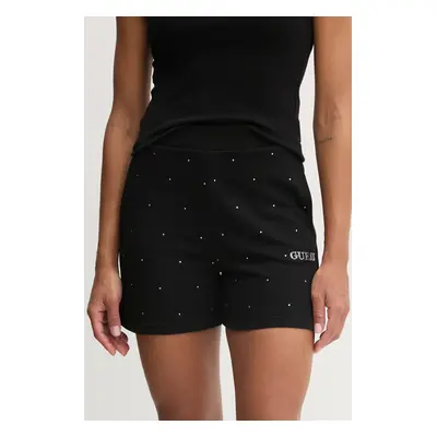 Kraťasy Guess RHINESTONES dámské, černá barva, s aplikací, high waist, V5RD03 KCLJ0