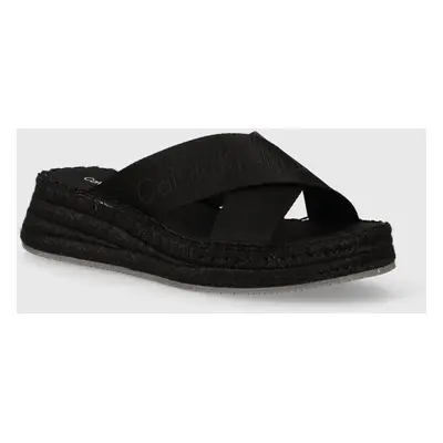 Pantofle Calvin Klein Jeans SPORTY WEDGE ROPE SANDAL MR dámské, černá barva, na klínku, YW0YW013