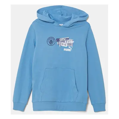 Dětská bavlněná mikina Puma MCFC ftblNRGY Hoodie modrá barva, s kapucí, s potiskem, 779122