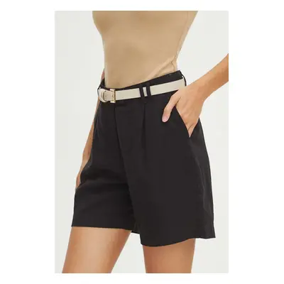 Lněné kraťasy Medicine černá barva, hladké, high waist