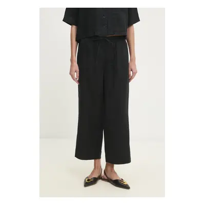 Lněné kalhoty Dkny dámské, černá barva, široké, high waist