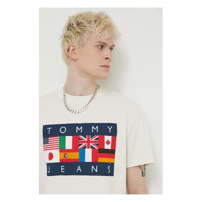 Bavlněné tričko Tommy Jeans Archive Games béžová barva, s potiskem, DM0DM19545