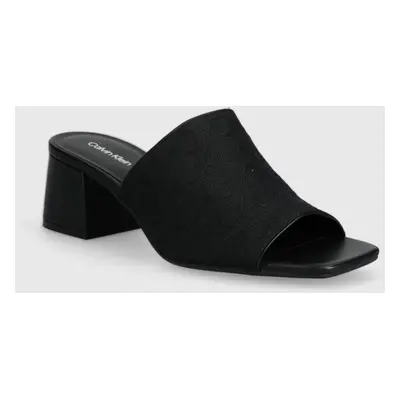 Pantofle Calvin Klein HEEL MULE 45 MONOCQ dámské, černá barva, na podpatku, HW0HW01936