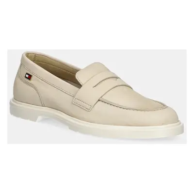 Nubukové mokasíny Tommy Hilfiger FLAG SOFT NUBUCK LOAFER béžová barva, na plochém podpatku, FW0F