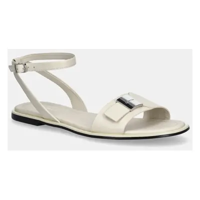 Kožené sandály Calvin Klein FLAT SANDAL W/CK HW - LTH dámské, béžová barva, HW0HW02367