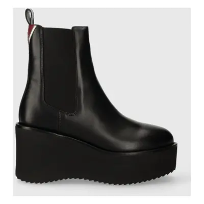 Kožené kotníkové boty Tommy Hilfiger ELEVATED WEDGE BOOTIE dámské, černá barva, na klínku, FW0FW