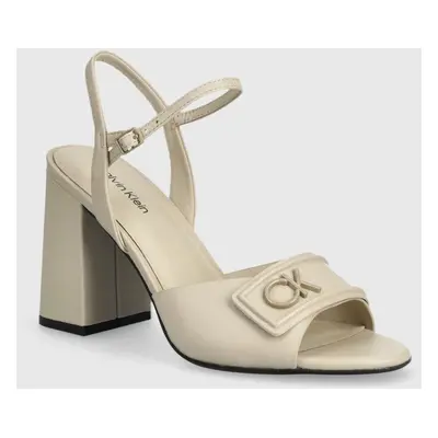 Kožené sandály Calvin Klein HEEL SANDAL 85 RELOCK LTH béžová barva, HW0HW01937